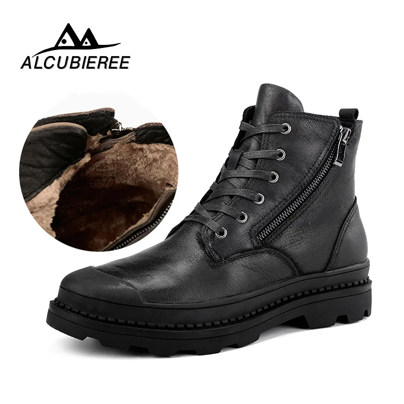 

Leather Men Winter Boots With Fur Keep Warm Fashion Unisex Snow Boots High Quality Vintage Style Winter Men Shoes Big Size 38-47