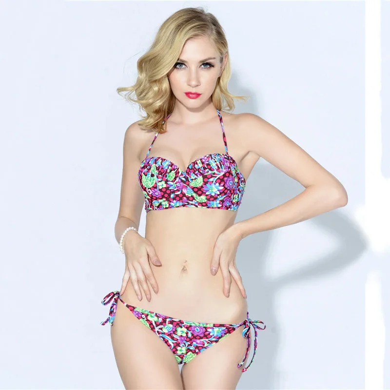 

Women's floral print sexy bikini women swimwear lace up swimsuit scrunch biquini women beachwear