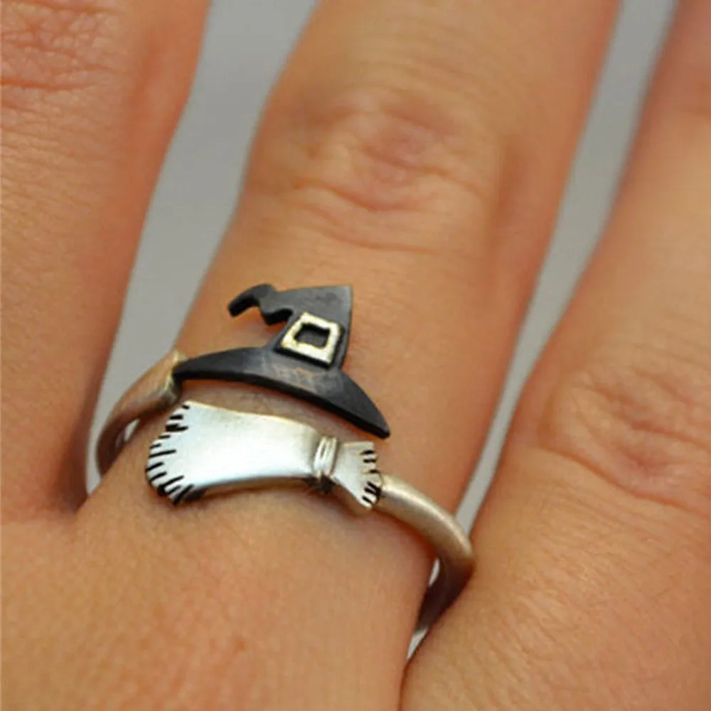 Cute Halloween Ghost Witch Broom Finger Ring Open Rings Party Cosplay