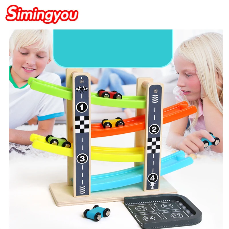 

Simingyou Baby Kids Wooden Ladder Gliding Car Wooden Slot Track Car Toy Educational Model to Slide for children C20 DropShipping