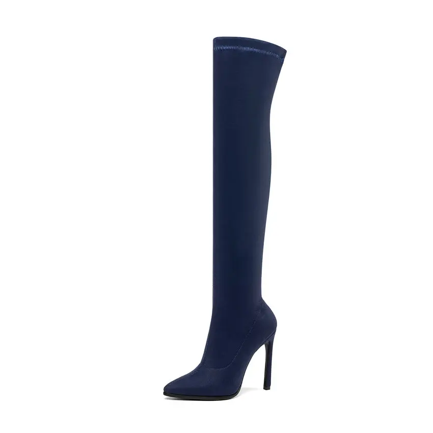ESVEVA/ г. Сапоги выше колена женская обувь элегантные мотоботы на тонком высоком каблуке с эластичной лентой и острым носком женские размеры 34-43 - Цвет: Синий