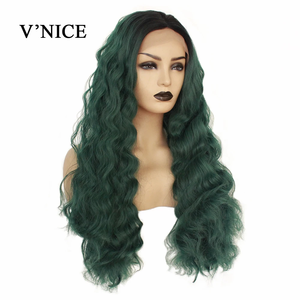 V'NICE Ombre зеленый парик фронта шнурка волна воды средняя часть Высокая температура волокна фронтальные волосы бесклеевой Synethetic парик фронта