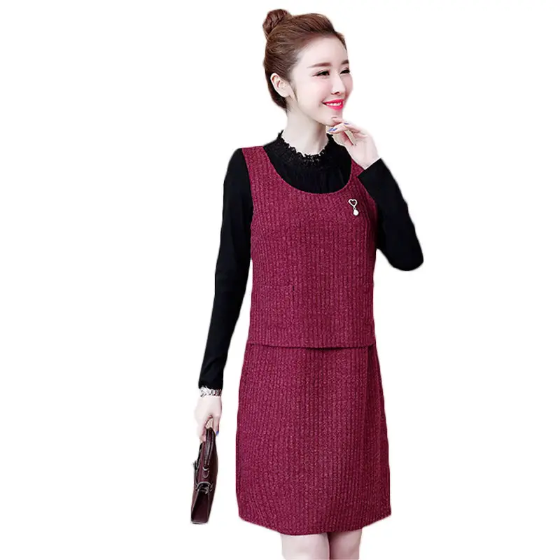 

Large Size Female Autumn Winter Plus Velvet Thicken Dress 2018 New Stitching Color Women Fake Two-Piece Casual Loose Dress LQ568