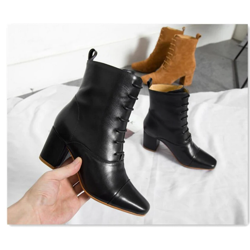 Up black Quadrata Mujer Botas Vera Heel Pelle Chelsea Caviglia Boots Leather In black High Stivali Stivaletti Di Alla Suede Delle Punta Chunky Nude Modo Suede Lace Donne Leather brown 7gOdv6dnw