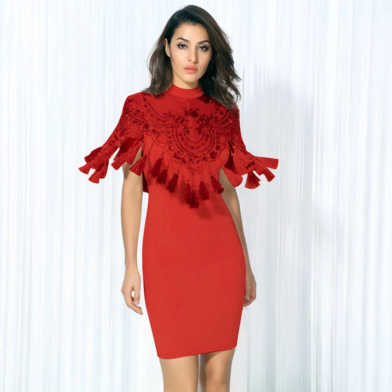 2018 Fashion Nova Red Bandage Dress Tassel Sequined Embellished Mini