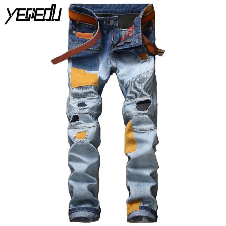 

#2723 2017 Distressed Mens jeans brand Patchwork Designer Men biker jeans Pachwork Mens jogger jeans Slim fit ripped jeans men