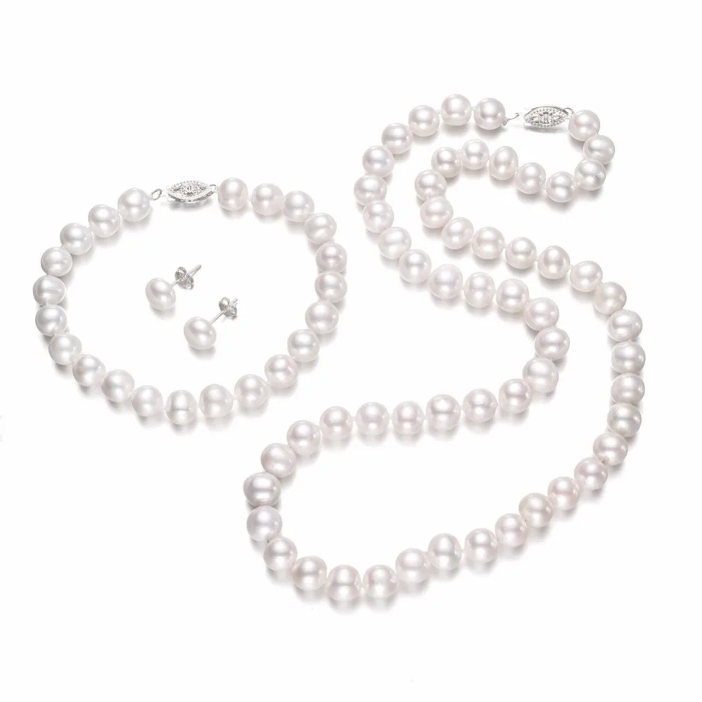 SNH 7-8mm White Natural Freshwater Pearl Jewelry Set For Women's 925 Sterling Silver Earring Wedding accessories Pearl Jewelry crystal jewelry set sterling silver jewelry 100% 925 formal jewelry set natural freshwater pearl