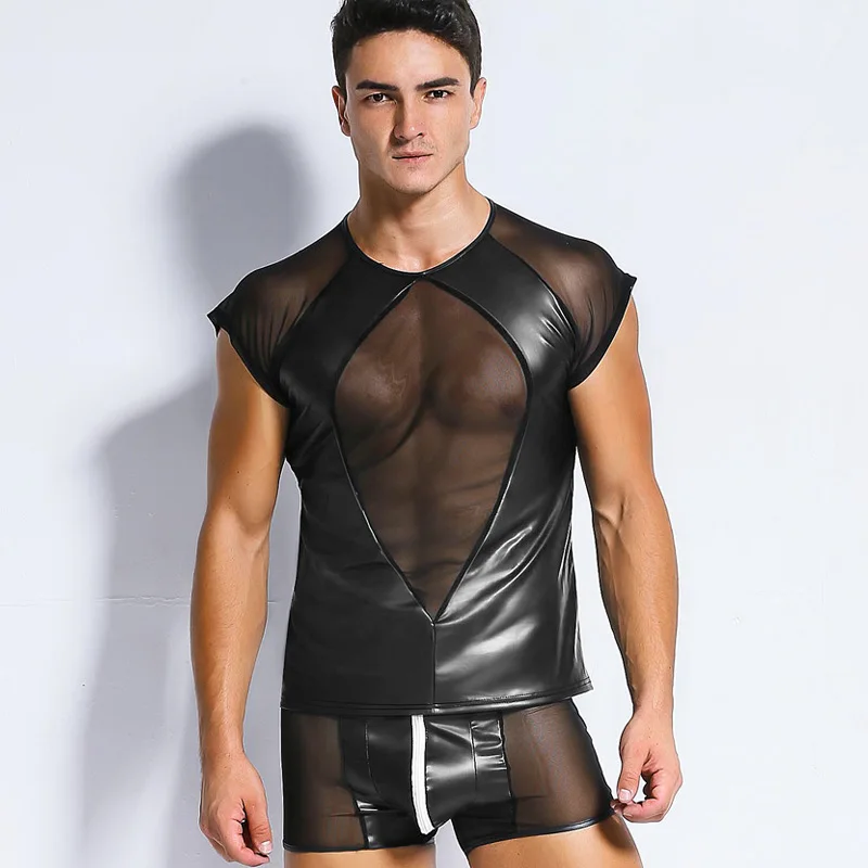Sexy Lingerie EUROPE SEXY PVC RUBBER LATEX MENS T SHIRT EROTIC GAY VEST Pants Set X6730 | Тематическая одежда и униформа