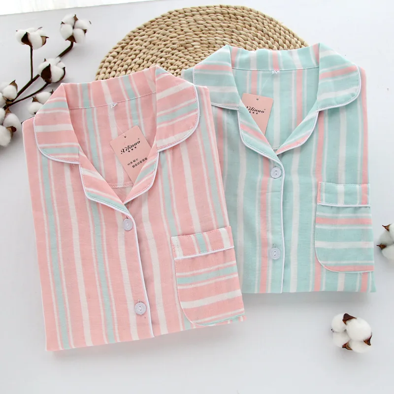 

Cotton Pajamas for Women Spring/Summer Pyjamas Women Cotton Sleepwear Striped Pijama Feminino Two Piece Set Home Clothes