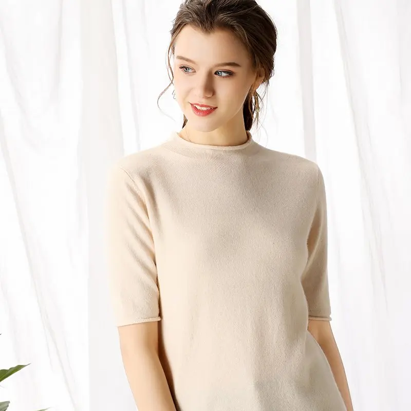 Новинка, весенне-летний женский свитер с круглым вырезом, пуловер с коротким рукавом, кашемир, базовая стильная футболка, джемпер, Одноцветный, повседневный 9203