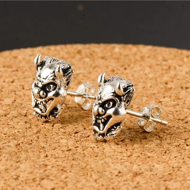 100 925 Silver Skull head Earrings Real Sterling Silver Skeleton Stud Earrings Hiphop PUNK Jewelry Man Earring