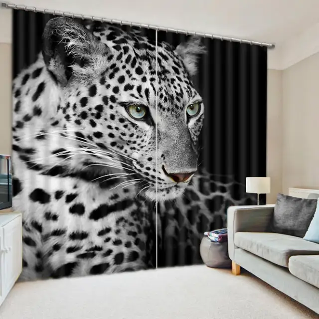 New Cafe Office 3D Blackout Curtains Silver Snow Leopard Animals