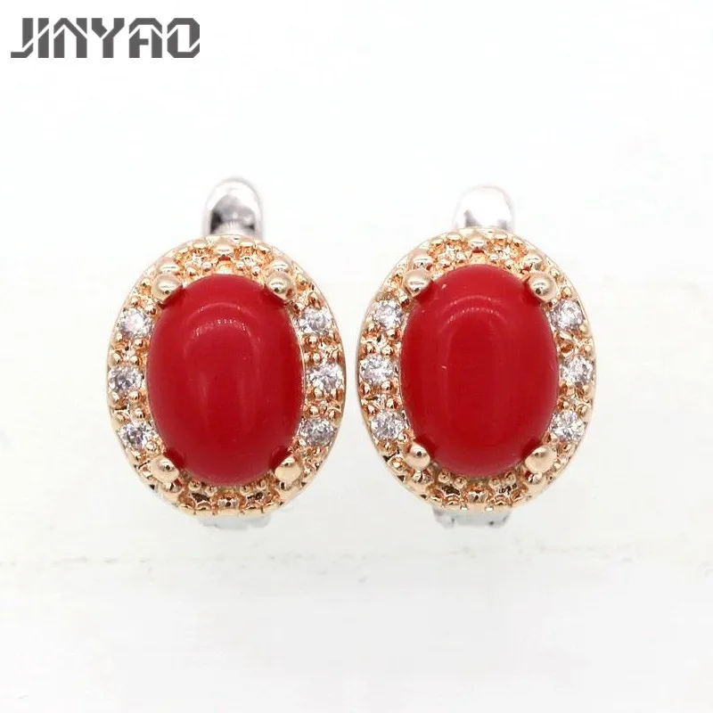 

JINYAO Fashion Earrings Double Gold Color Charming Natural Red Coral&AAA Cubic Zircon Earrings For Women Gift Party Jewelry
