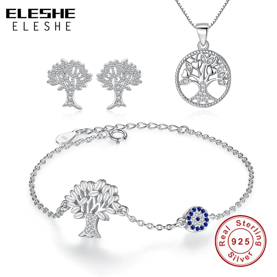 

ELESHE Crystal Jewelry Sets Women 925 Sterling Silver Jewelry Tree Of Life Stud Earrings/Pendant/Necklace Bijoux Gift