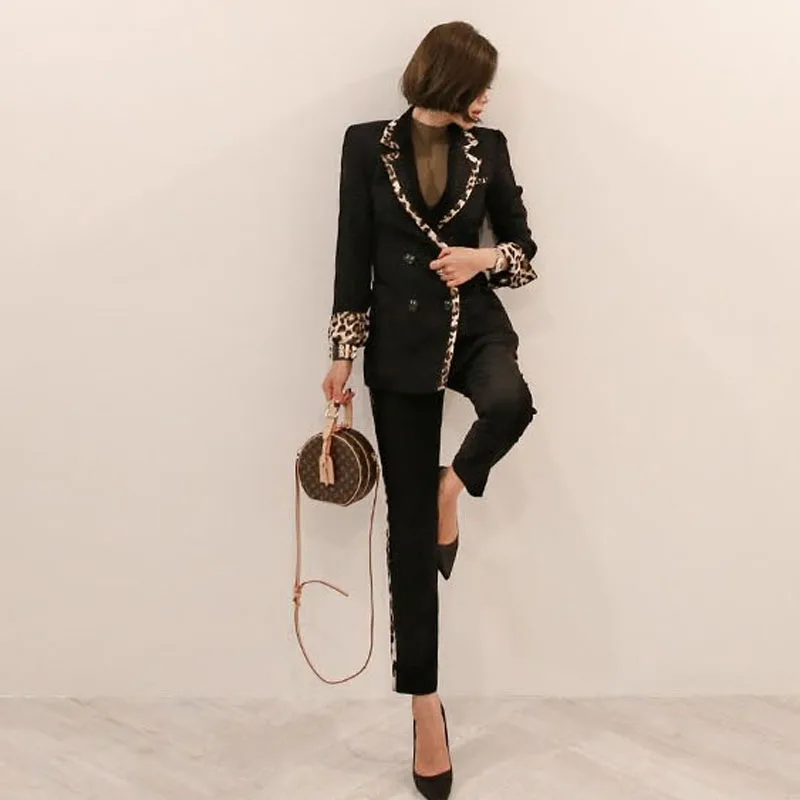 Work Pant Suits Leopard Print Double Breasted Women Blazer Jacket and