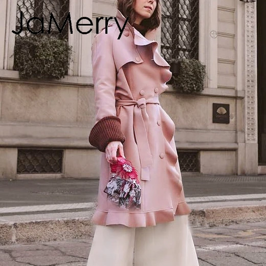 JaMerry Elegant ruffled wide lapel belt women coat Long pink trim wool coat 2018 Autumn winter fashion chic button trench coat