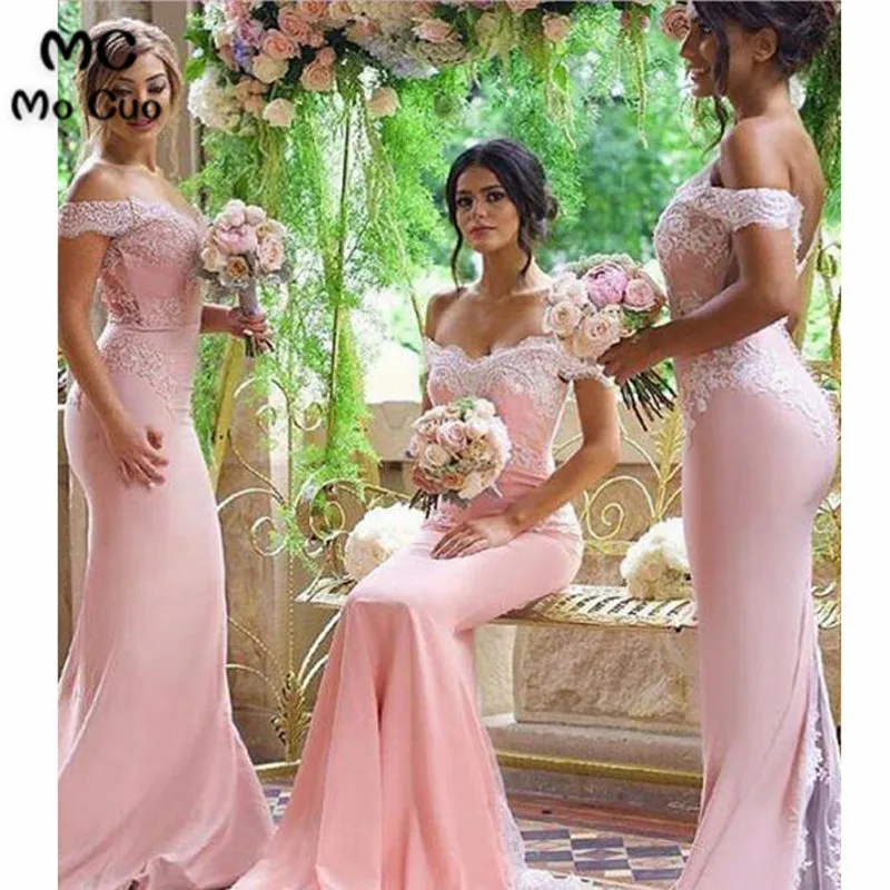 Elegant Court Train Off-the-shoulder Open Back Mermaid Pink Bridesmaid Dress with Lace