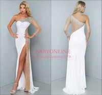 2014 Sexy Women Evening Gowns With Slit Chiffon Long Sleeve Crystals Beaded White Prom Dresses Long Floor Length EV0093