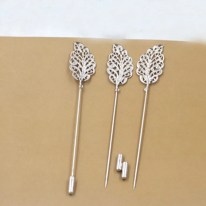 17x34mm Blank Filigree Leaf Brooch Pins w/ a Stopper Hat Pins Safety