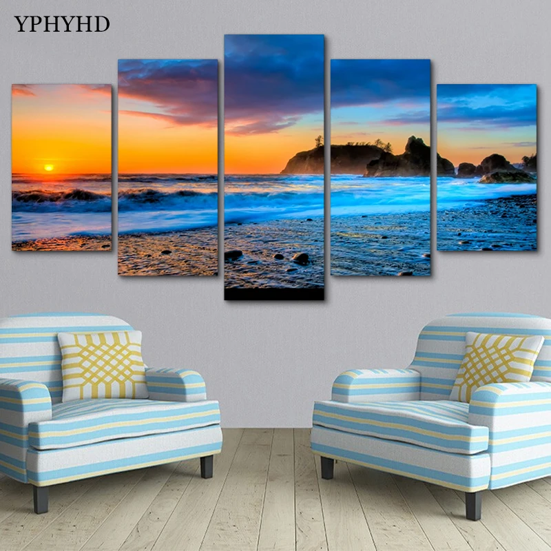 YPHYHD Modern 5 Panel Seaside Sunset Scenery Landscape Paintings Print ...