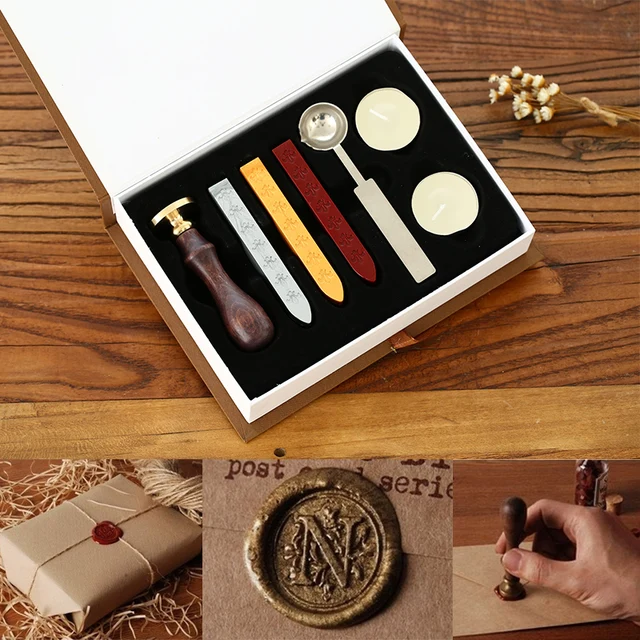 1set vintage wood alphabet badge sealing wax seal stamp kit set