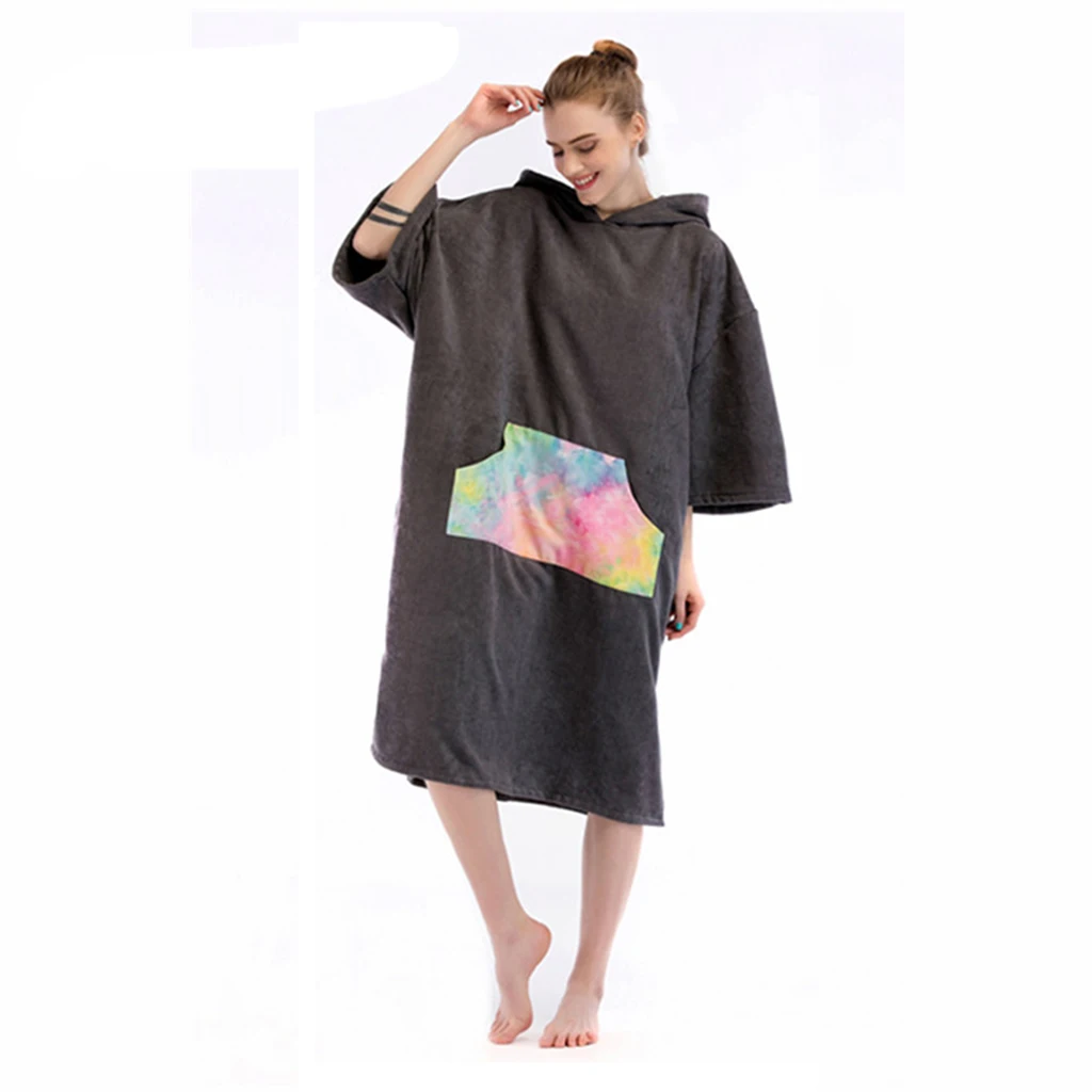 Black Surf Poncho Towel with Hood for Adult Women Men, Microfiber Beach Changing Robe for Pool Swimming Bathing Surfing Wetsuit
