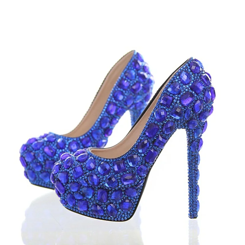 Royal Blue Rhinestones Platform Women Wedding Shoes High Heels Blue ...