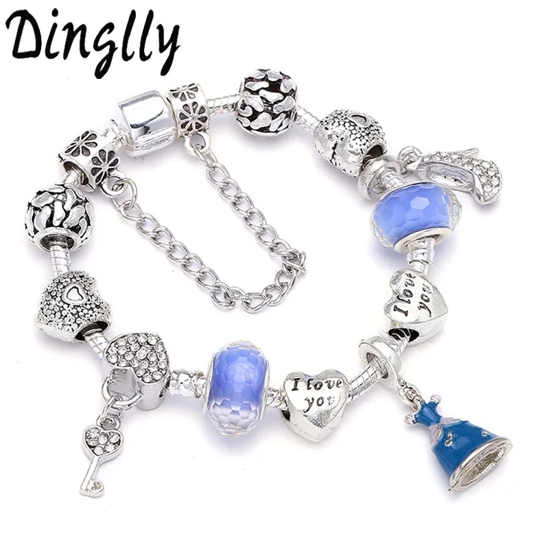 

DINGLLY Fashion Silver Plated pandora Bracelets With Blue Cartoon Skirt & Love Beads Brand Bracelets for Women Jewelry Gift