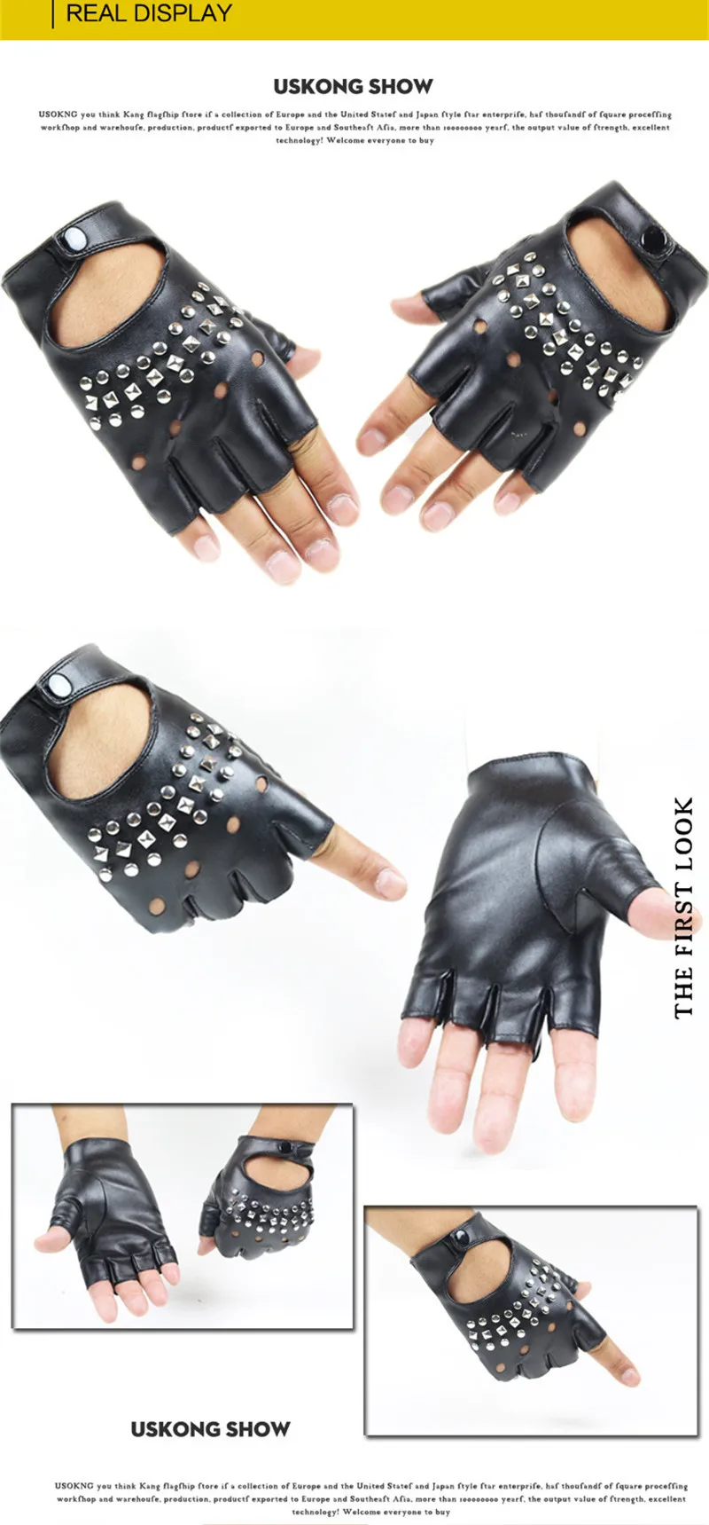 Fashion Half Finger Gloves Women PU Leather Fingerless Driving Gloves Rivet Hollow Dancing Guante For Men Black white Luvas