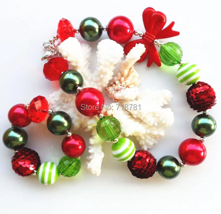 

Hot sale 2sets/lot fashion baby girls chunky bubblegum beads necklace bracelets for christmas red bowknot necklace set jewerly
