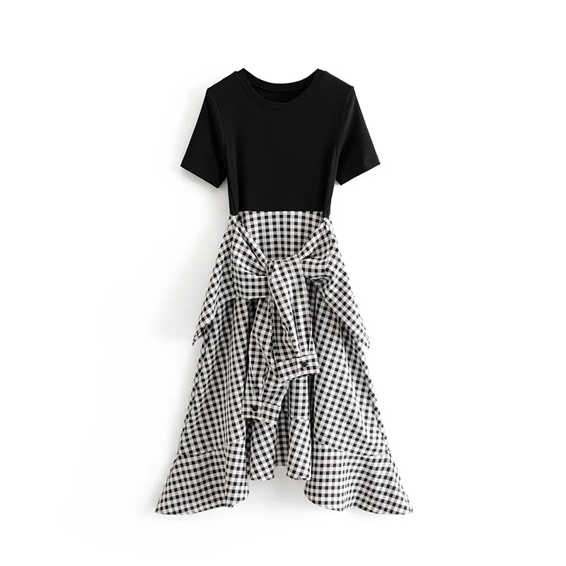 

Vintage Chic Plaid Lace-Up Spliced Fake Two-piece Dress Sweet Girls Casual Outfit Female O-Neck Asymmetrical Dresses Vestidos