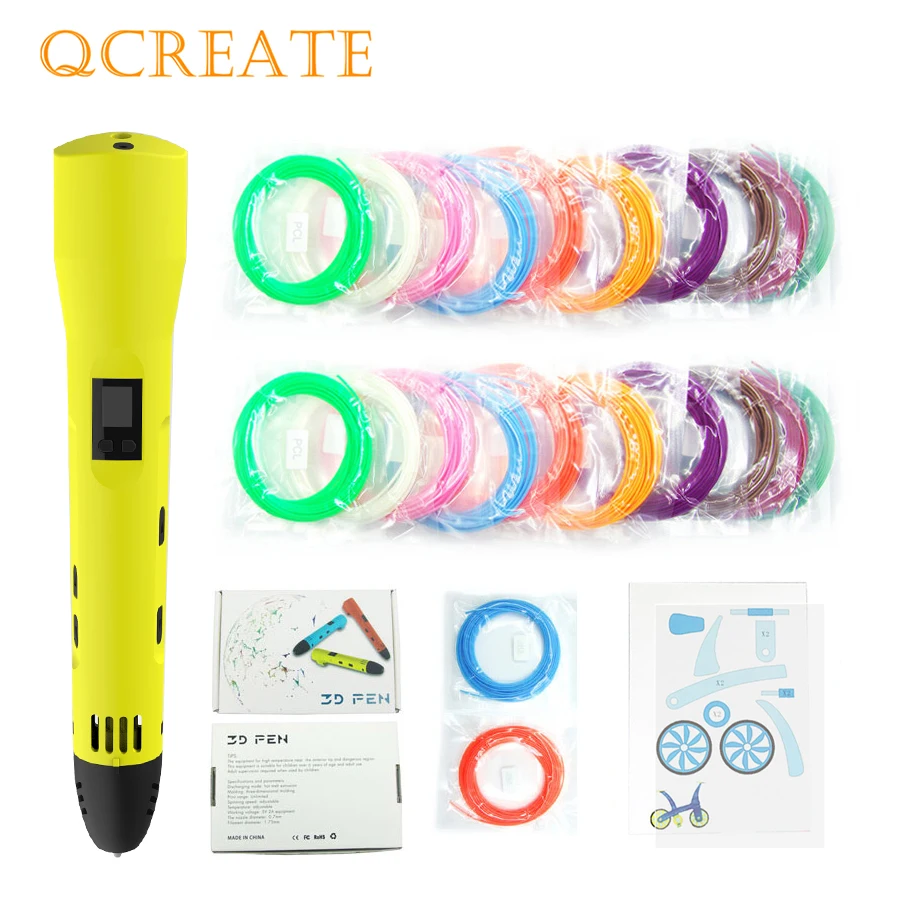 Beste QCREATE 3D Printing Pen ABS PLA Dual Mode 3D Pen LCD Display Verwarming Temperatuur en 8 Snelheden Verstelbare voeg 100 m PLA Filament