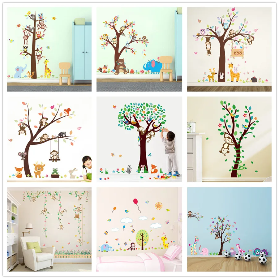

% Forest Animals Giraffe Monkey owl Tree wall stickers for kids room Children Wall Decal Nursery Bedroom Decor Poster Mural