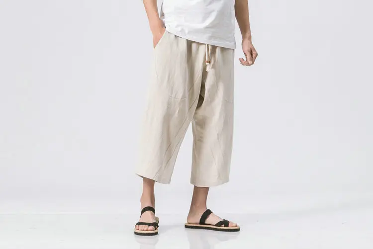 2022 Man Cotton Linen Wild Leg Pants Casual Loose Calf-Length Pants Man Bloomers Summer Baggy Male Traditional Pants Trousers linen harem pants