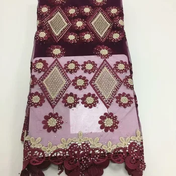 

Wine 3 d flowers stones lace fabric fringe material african french net lace tulle fabric high quality evening dresses5yard/lot