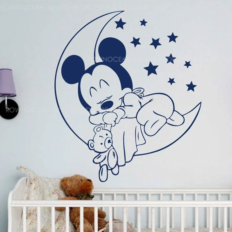 Милый детский сон Микки мышь Наклейка на стену винил домашний декор Мультфильм Детская Наклейка детская комната Звезда Луна Настенные обои 3431