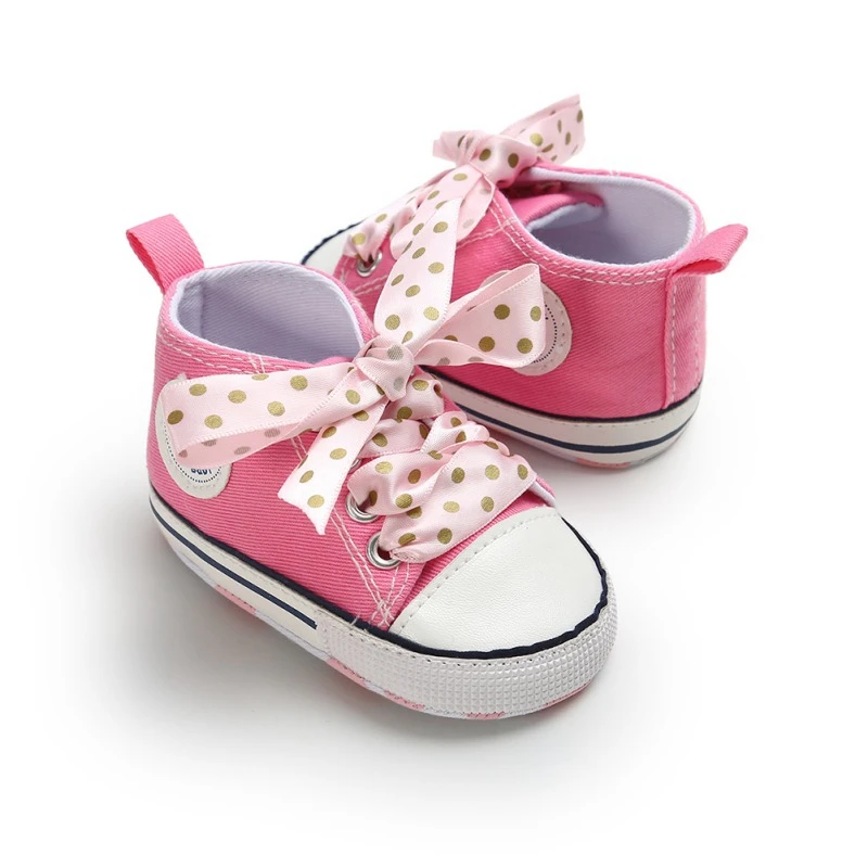 С узором в горошек детские ботинки для девочек весна холст красная лента милая детская обувь для первых шагов новорожденных, для малышей,, белые шнурки для обуви