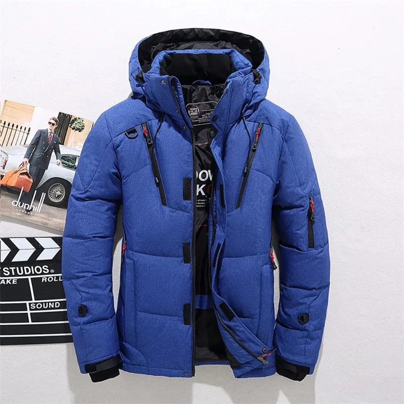 Men's Winter Snow Down Jacket Thick Warm Hooded Coats Casual Slim White Duck Down Jacket Waterproof Windproof Down Parkas - Color: Blue