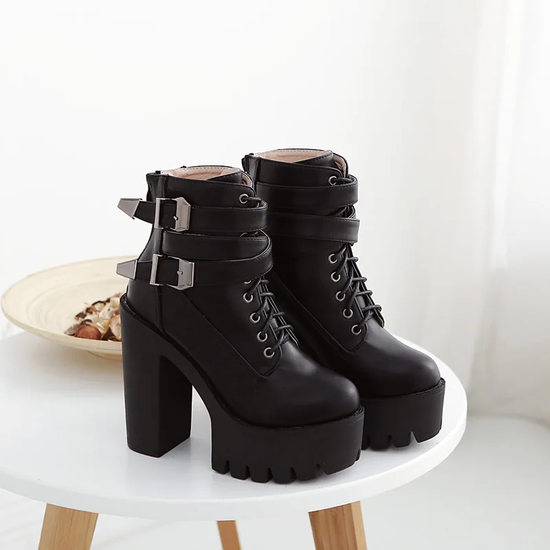

Spring and Autumn Fashion Women's Boots High Heels Platform Buckle Lace Leather Booties Black Ladies Shoes Promotions
