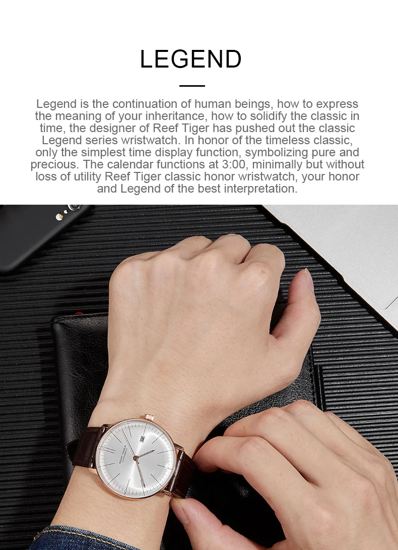 Reef Tiger/RT Роскошные брендовые ультратонкие часы мужские стальные автоматические часы водонепроницаемые коричневые часы с кожаным ремешком RGA8215