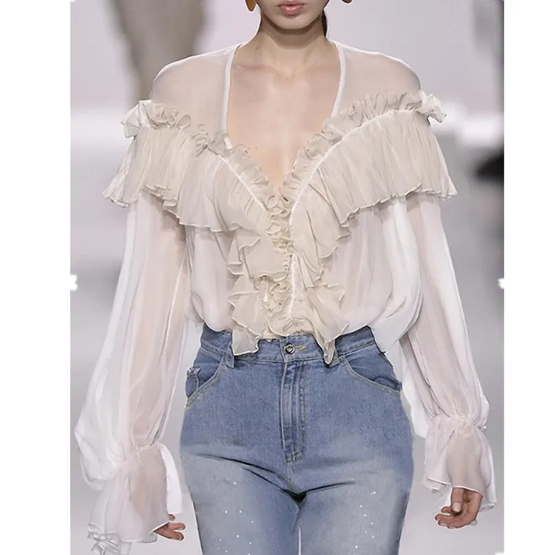 

v-collar irregular long-sleeved chiffon shirt lotus leaf shirt high-quality
