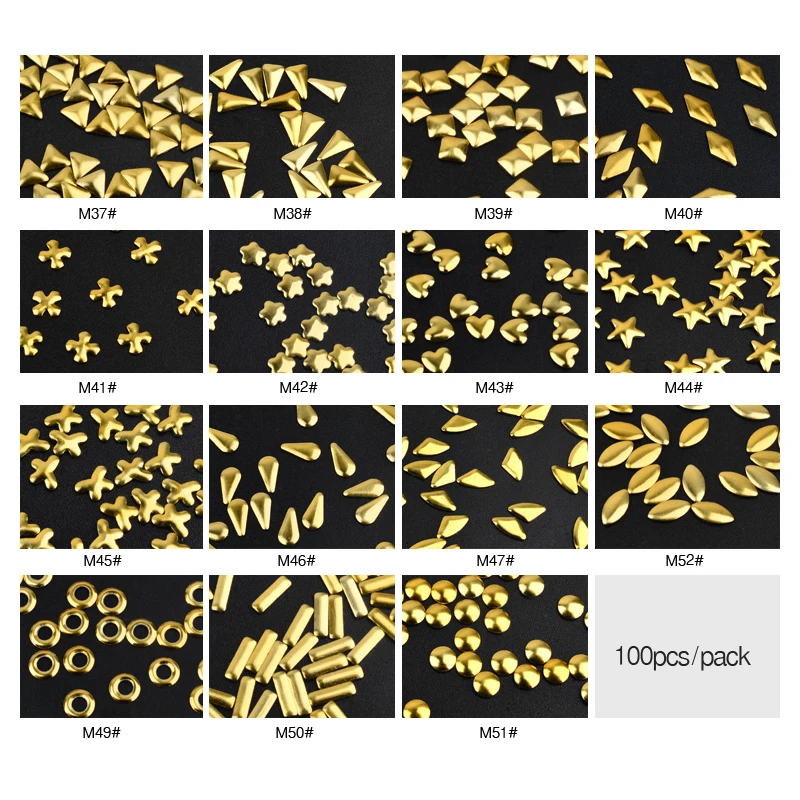 

100pcs/pack Gold 3D Metal Nail Art Studs Droptear Heart Triangle Shape DIY Charm Nail Accessories Decorations