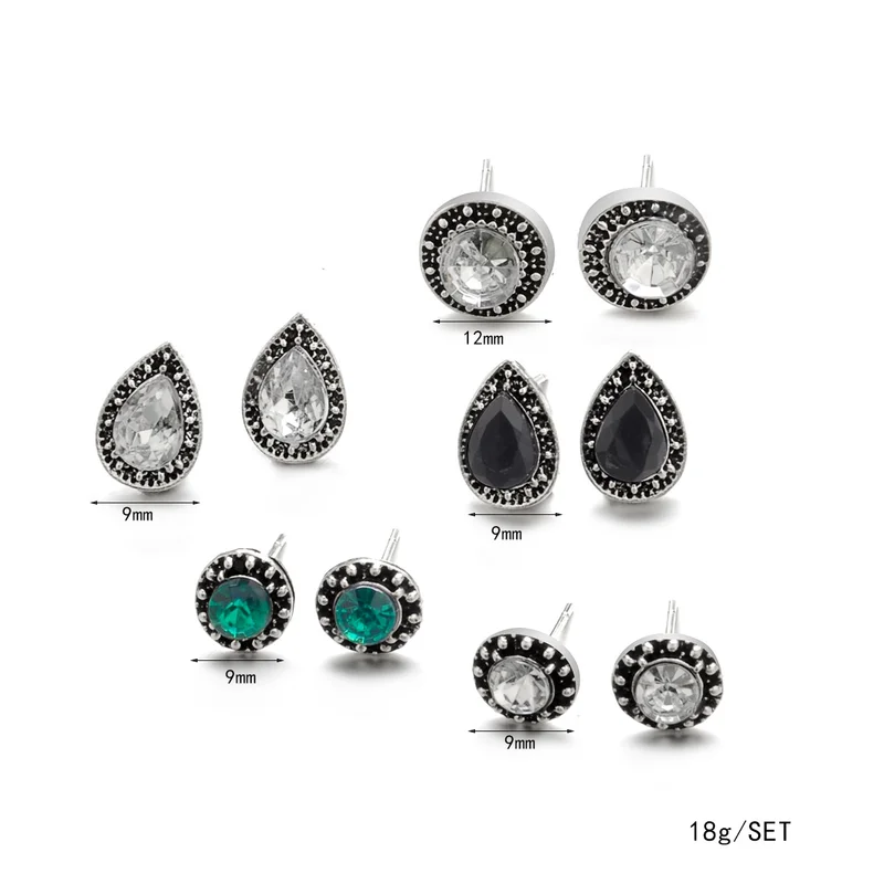 Sindlan 5 пар корейских сережек-гвоздики с кристаллами, набор зеленых и черных драгоценных камней, геометрические бохо серьги капельки для женщин, женские ювелирные изделия для ушей