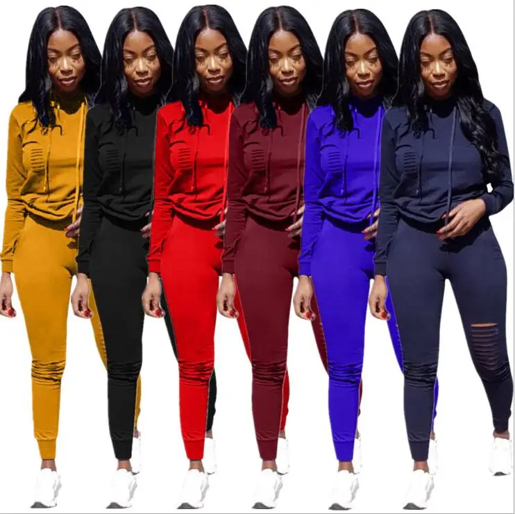 Spring and autumn cashmere hooded sweater pencil pants solid color. Hollow burn out casual flexible two-piece woman | Женская одежда