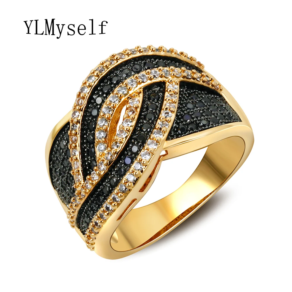 

Gold color rings for women with Black crystal stones Lines design bijuteria feminina anelli donna Trendy jewelry ring