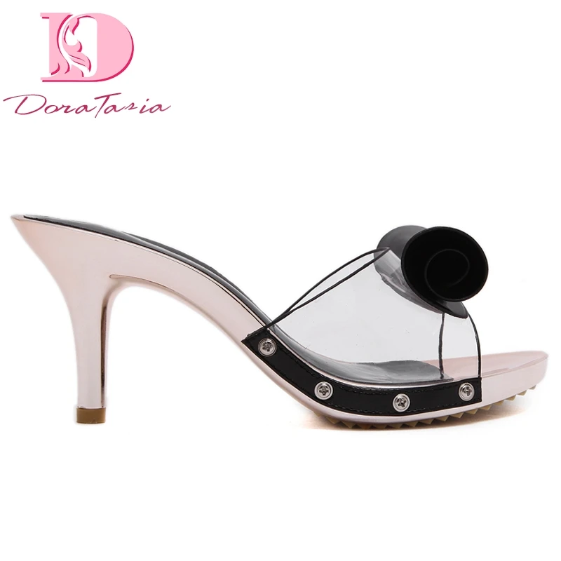 

Karinluna brand new Big Size 41 Summer Pearls Mules Pumps High Heels PVC Women Shoes Sexy Party Shoes Woman Sandals