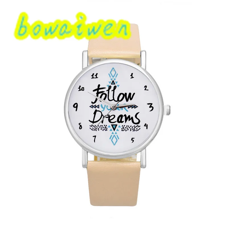 

bowaiwen #0050 Woman watch Women Follow Dreams Words Pattern Leather Watch populor