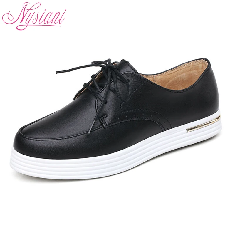 

Leather Women Flat Shoes Casual Loafers 2018 New Autumn Split Leather Round Toe Lace-up Women Leather Shoes Platform Nysiani