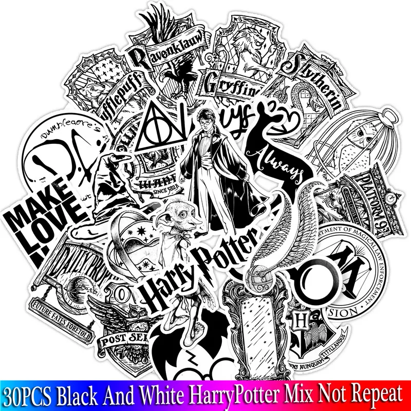 30PCS Pack White And Black Harry Stickers Set Stickers For Kids Luggage Skateboard Laptop Cartoon Anime Stickers For Children (2)