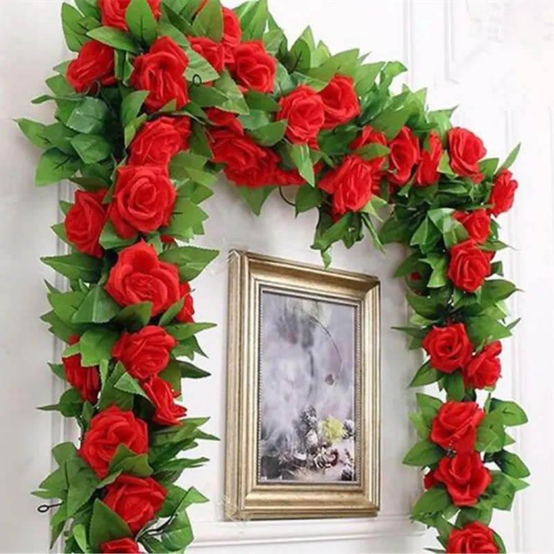 

1PCS many silk roses ivy vines and green leaves for family wedding decoration fake leaves diy hanging wreath artificial flowers